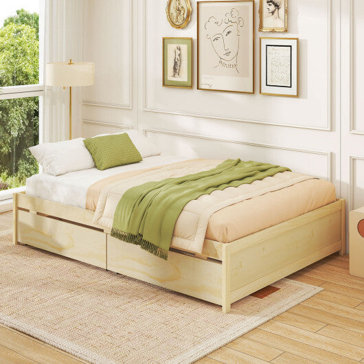Full Size Wooden Bed Frame with 2 Rolling Storage Drawers-Natural - Color: Natural - Size: Full Size W2B