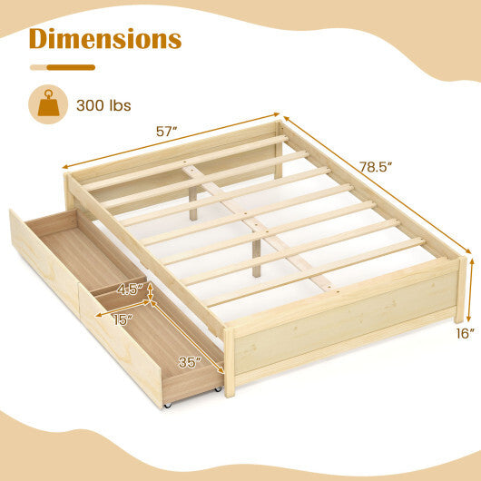 Full Size Wooden Bed Frame with 2 Rolling Storage Drawers-Natural - Color: Natural - Size: Full Size W2B