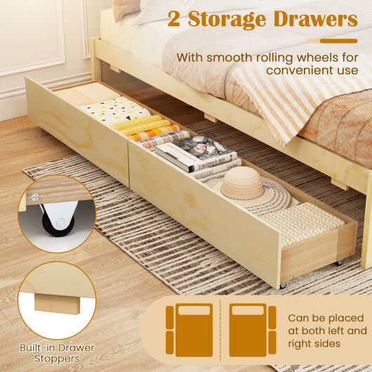 Full Size Wooden Bed Frame with 2 Rolling Storage Drawers-Natural - Color: Natural - Size: Full Size W2B