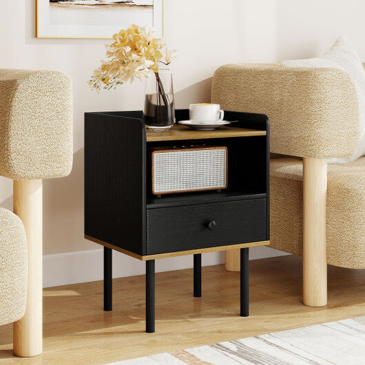 Nightstand with Drawer 3-Tier Sofa Side Table with Open Storage Shelf-Black W2B