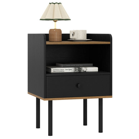 Nightstand with Drawer 3-Tier Sofa Side Table with Open Storage Shelf-Black W2B