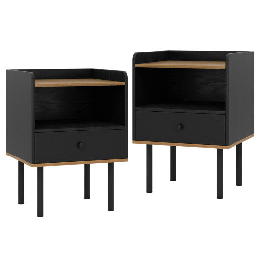 Nightstand with Drawer 3-Tier Sofa Side Table with Open Storage Shelf Set of 2-Black W2B