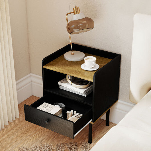 Nightstand with Drawer 3-Tier Sofa Side Table with Open Storage Shelf Set of 2-Black W2B