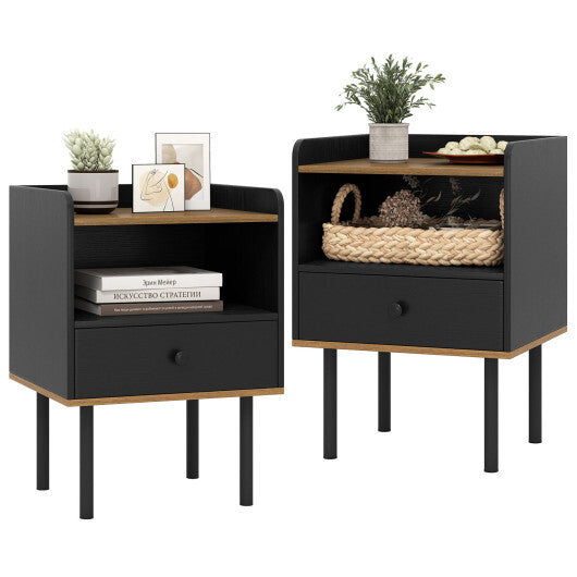 Nightstand with Drawer 3-Tier Sofa Side Table with Open Storage Shelf Set of 2-Black W2B