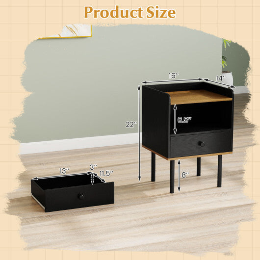 Nightstand with Drawer 3-Tier Sofa Side Table with Open Storage Shelf Set of 2-Black W2B