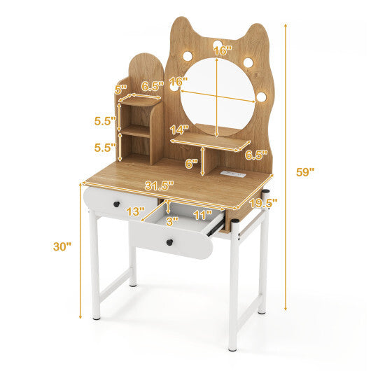 Small Vanity Desk with Mirror and Lights Cute Kitty Makeup Table with Power Outlets-Natural