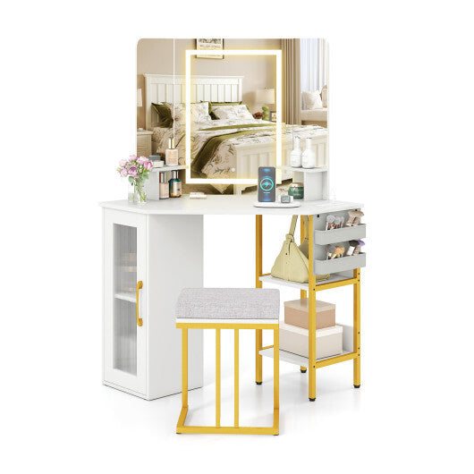 Corner Vanity Desk with Mirror and Lights Makeup Dressing Table with Triple Mirror-White