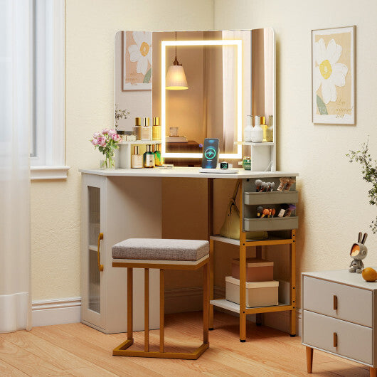 Corner Vanity Desk with Mirror and Lights Makeup Dressing Table with Triple Mirror-White