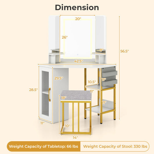 Corner Vanity Desk with Mirror and Lights Makeup Dressing Table with Triple Mirror-White