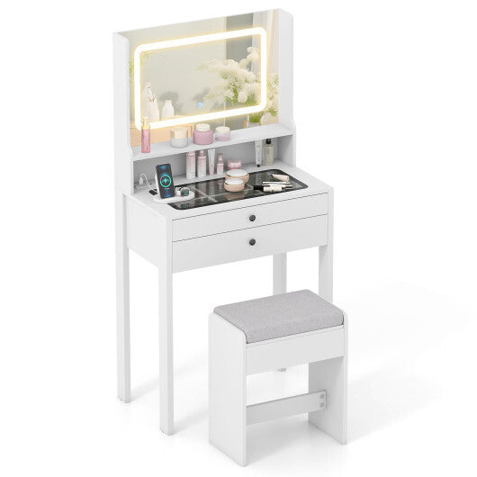 Small Vanity Desk with Mirror and Lights for Bedroom-White W2B