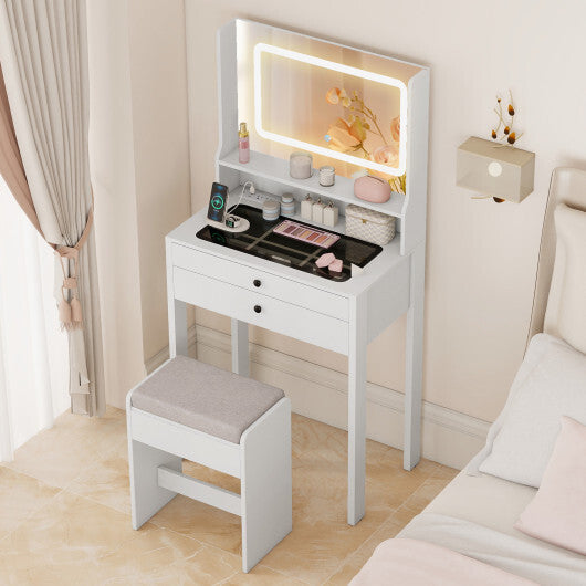 Small Vanity Desk with Mirror and Lights for Bedroom-White W2B