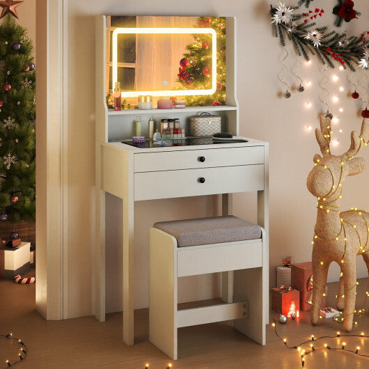 Small Vanity Desk with Mirror and Lights for Bedroom-White W2B