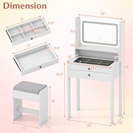 Small Vanity Desk with Mirror and Lights for Bedroom-White W2B