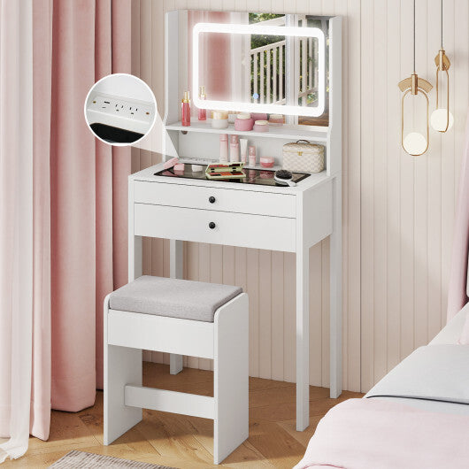 Small Vanity Desk with Mirror and Lights for Bedroom-White W2B