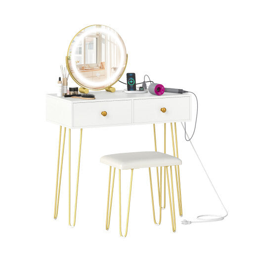 Vanity Desk with with Lighted Adjustable Mirror for Bedroom-White W2B
