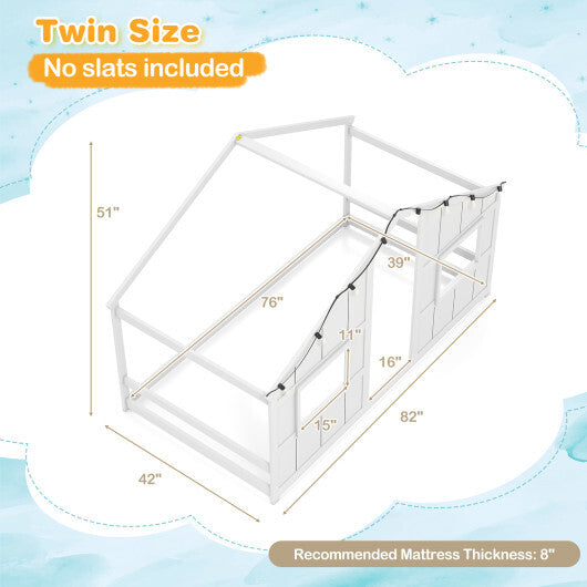 Twin Size House Bed with LED Lights Montessori Slat-free Floor Bed-Natural