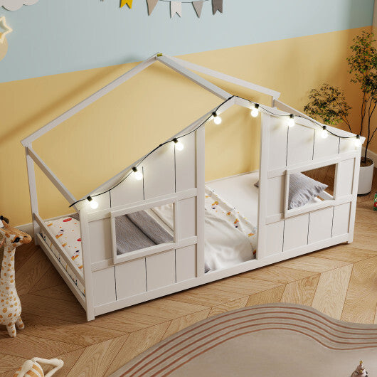 Twin Size House Bed with LED Lights Montessori Slat-free Floor Bed-Natural