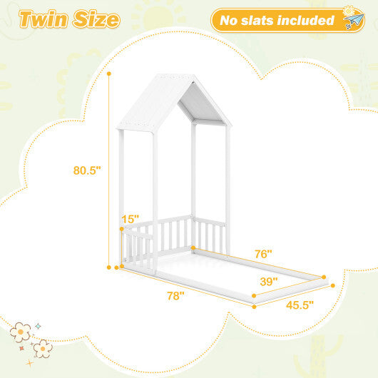 Twin Size House Bed with House Shape Roof and Semi-Fence-Natural