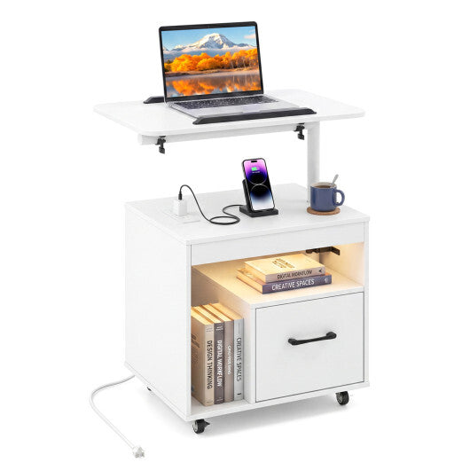 LED Nightstand with Power Outlets Modern Bedside Table with Flip over-White W2B