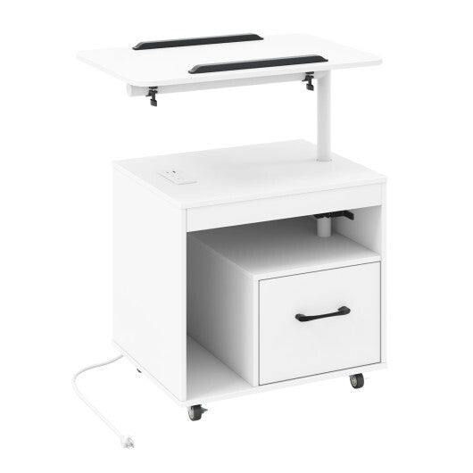 LED Nightstand with Power Outlets Modern Bedside Table with Flip over-White W2B