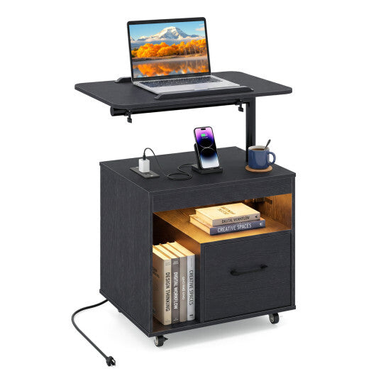 LED Nightstand with Power Outlets Modern Bedside Table with Flip over-White W2B