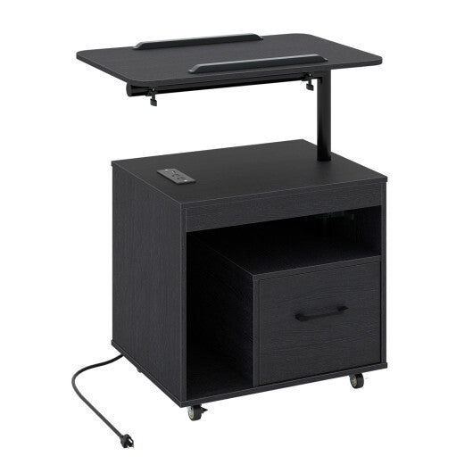 LED Nightstand with Power Outlets Modern Bedside Table with Flip over-White W2B