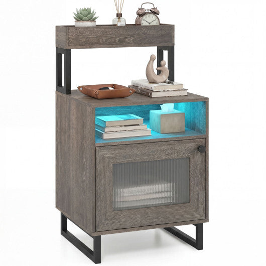 Nightstand with LED Lights Modern End Table with Top Tray Open Compartment and Storage Cabinet-Gray W2B