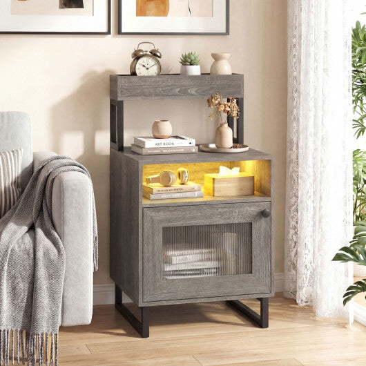 Nightstand with LED Lights Modern End Table with Top Tray Open Compartment and Storage Cabinet-Gray W2B