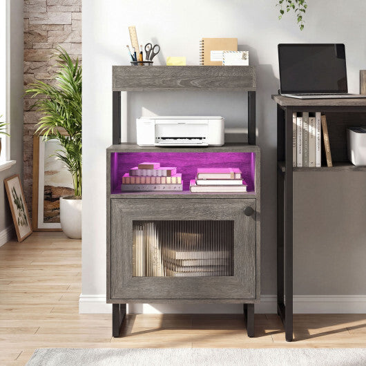Nightstand with LED Lights Modern End Table with Top Tray Open Compartment and Storage Cabinet-Gray W2B