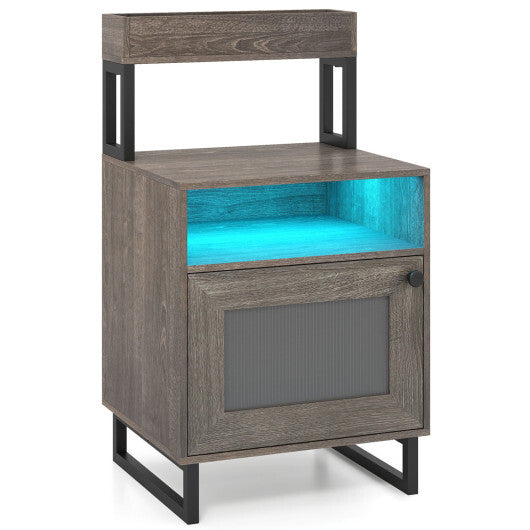 Nightstand with LED Lights Modern End Table with Top Tray Open Compartment and Storage Cabinet-Gray W2B