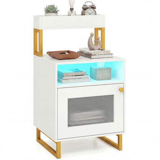 Nightstand with LED Lights Modern End Table with Top Tray Open Compartment and Storage Cabinet-Gray W2B