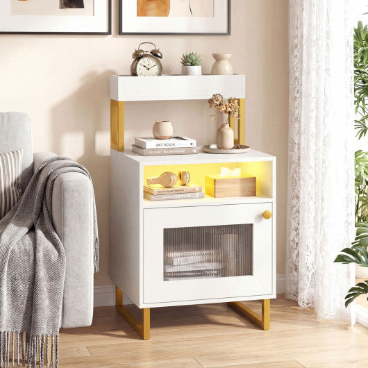 Nightstand with LED Lights Modern End Table with Top Tray Open Compartment and Storage Cabinet-Gray W2B
