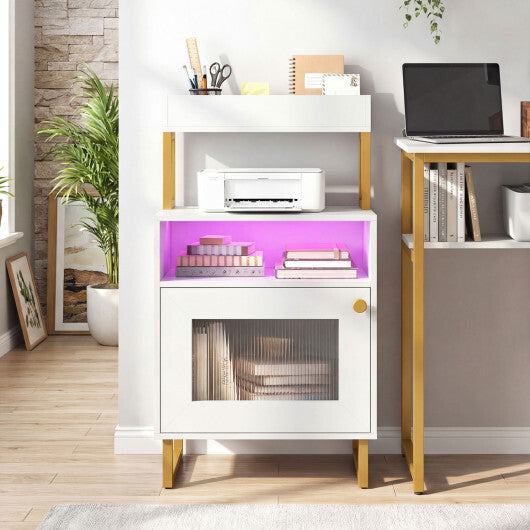 Nightstand with LED Lights Modern End Table with Top Tray Open Compartment and Storage Cabinet-Gray W2B