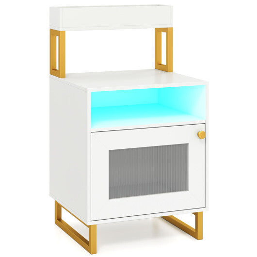 Nightstand with LED Lights Modern End Table with Top Tray Open Compartment and Storage Cabinet-Gray W2B