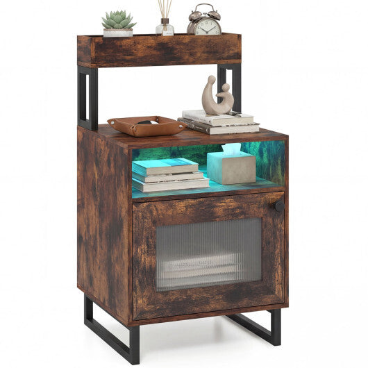 Nightstand with LED Lights Modern End Table with Top Tray Open Compartment and Storage Cabinet-Gray W2B
