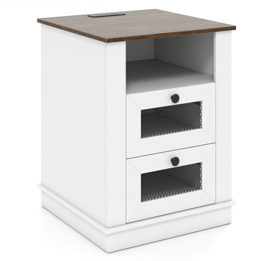 Nightstand with Charging Station and 2 Drawers Storage Compartment for Bedroom-Rustic Brown W2B