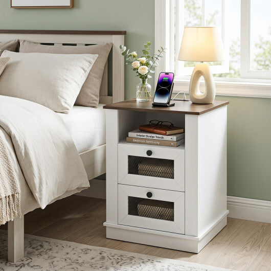 Nightstand with Charging Station and 2 Drawers Storage Compartment for Bedroom-Rustic Brown W2B