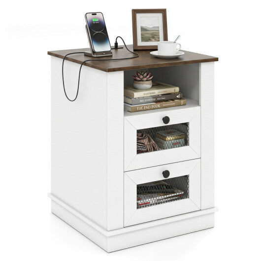 Nightstand with Charging Station and 2 Drawers Storage Compartment for Bedroom-Rustic Brown W2B