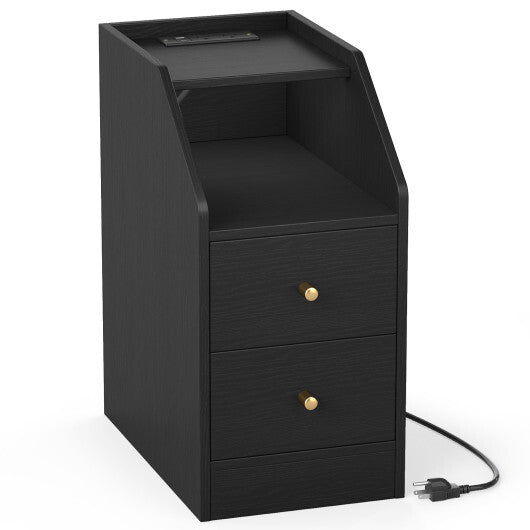 Side End Table with Charging Station Sofa Couch Table with Shelf Drawers-Black W2B