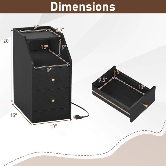 Side End Table with Charging Station Sofa Couch Table with Shelf Drawers-Black W2B