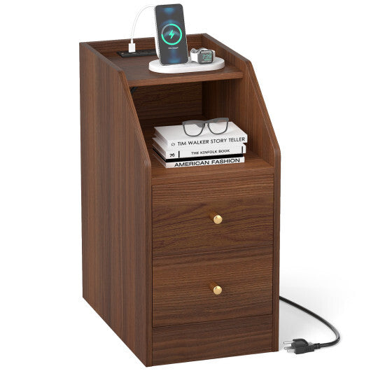 Side End Table with Charging Station Sofa Couch Table with Shelf Drawers-Black W2B