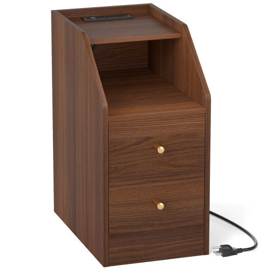 Side End Table with Charging Station Sofa Couch Table with Shelf Drawers-Black W2B