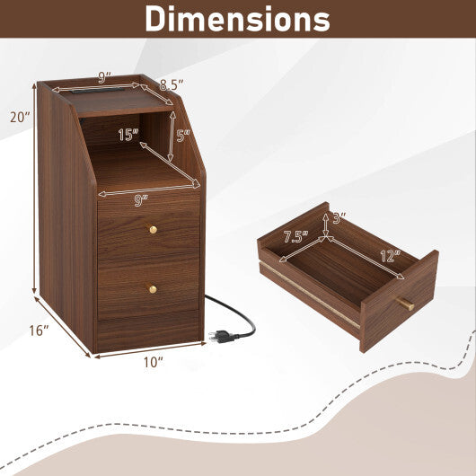 Side End Table with Charging Station Sofa Couch Table with Shelf Drawers-Black W2B