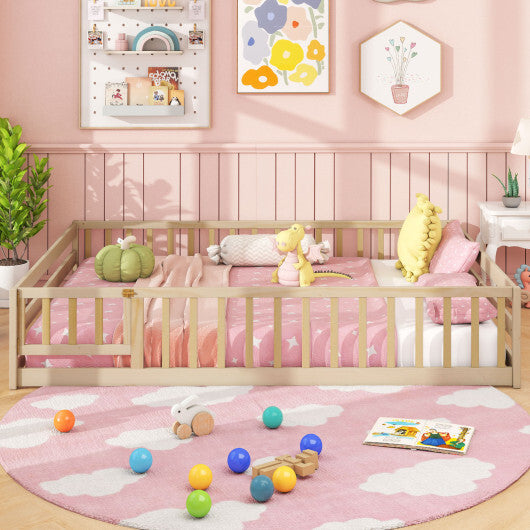 Full Size Floor Bed with Full Length Safety Guardrails-Natural