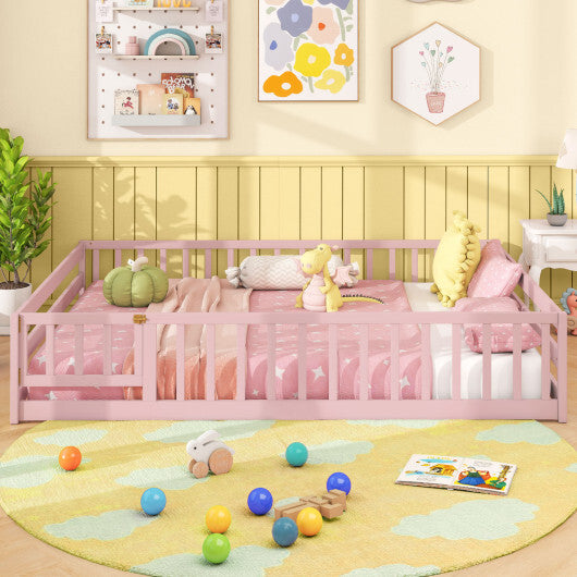 Full Size Floor Bed with Full Length Safety Guardrails-Natural