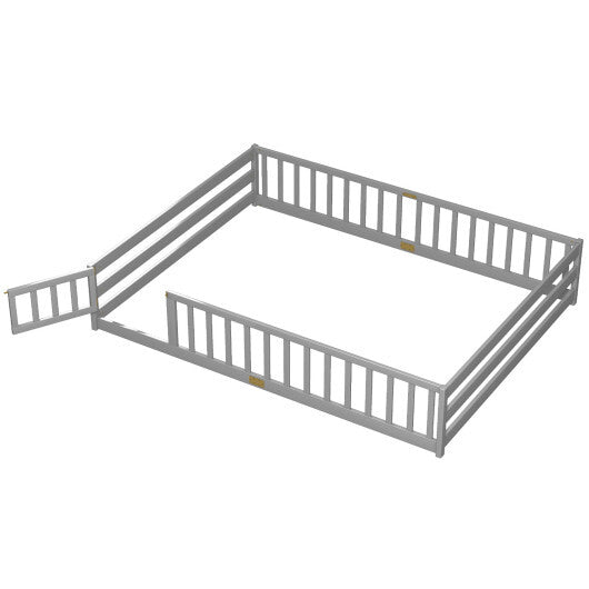 Queen Size Floor Bed Kids Montessori Bed Frame with Full Length Safety Guardrails-Gray