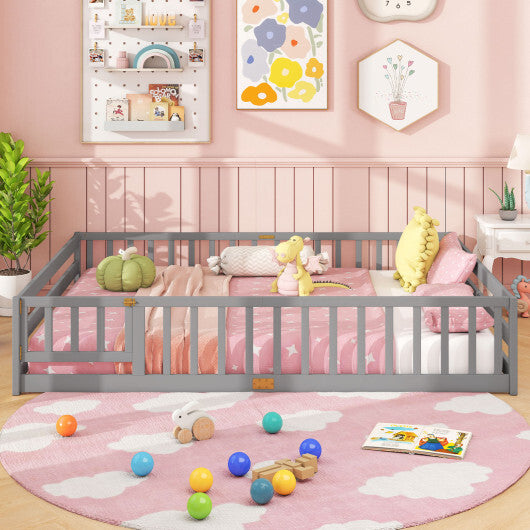 Queen Size Floor Bed Kids Montessori Bed Frame with Full Length Safety Guardrails-Gray