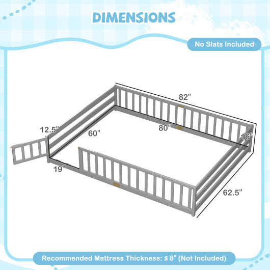 Queen Size Floor Bed Kids Montessori Bed Frame with Full Length Safety Guardrails-Gray