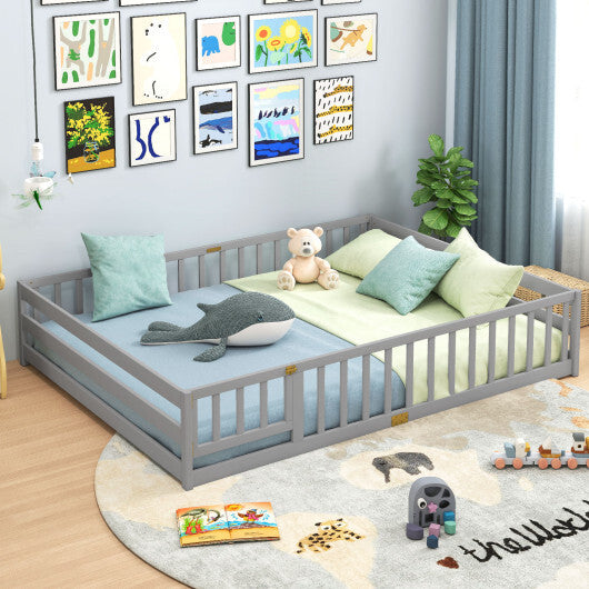 Queen Size Floor Bed Kids Montessori Bed Frame with Full Length Safety Guardrails-Gray
