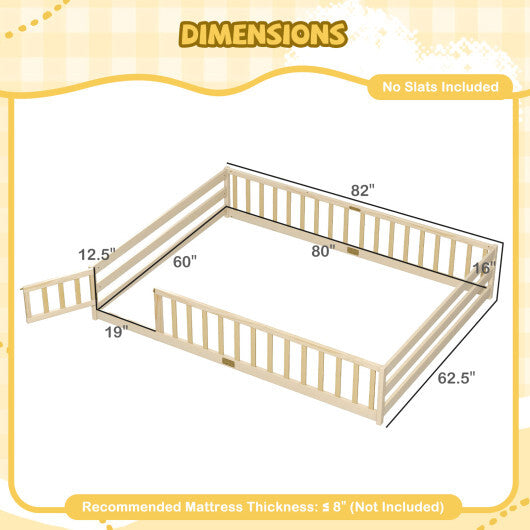 Queen Size Floor Bed Kids Montessori Bed Frame with Full Length Safety Guardrails-Gray